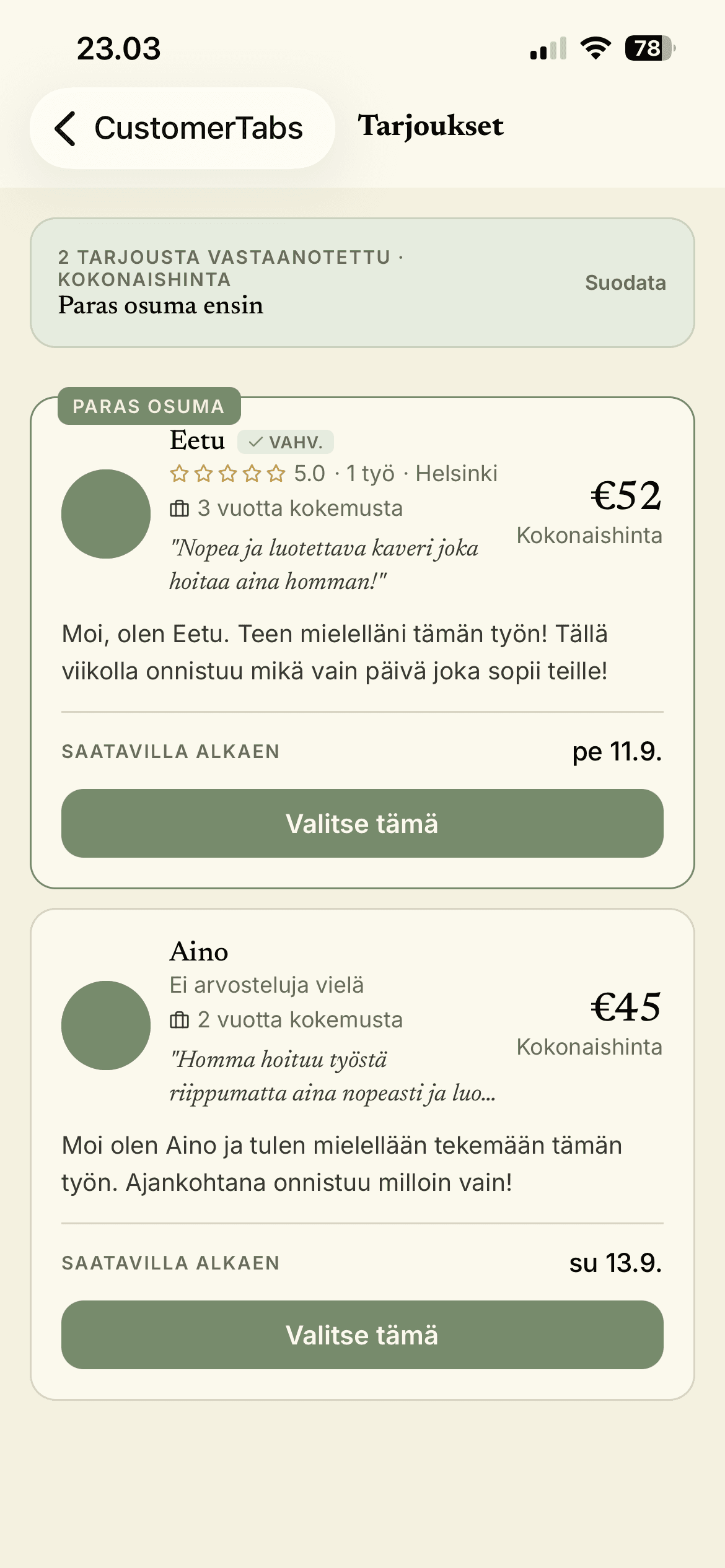 Kuvakaappaus Jardin työpyynnön julkaisuruudusta iPhonella