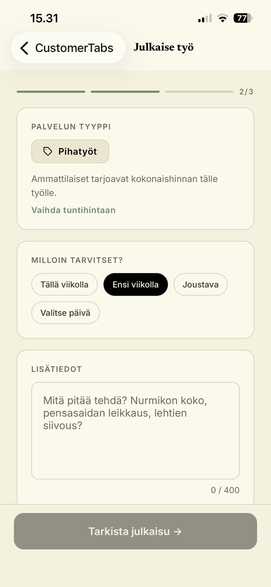 Kuvakaappaus Jardin työpyynnön julkaisuruudusta iPhonella